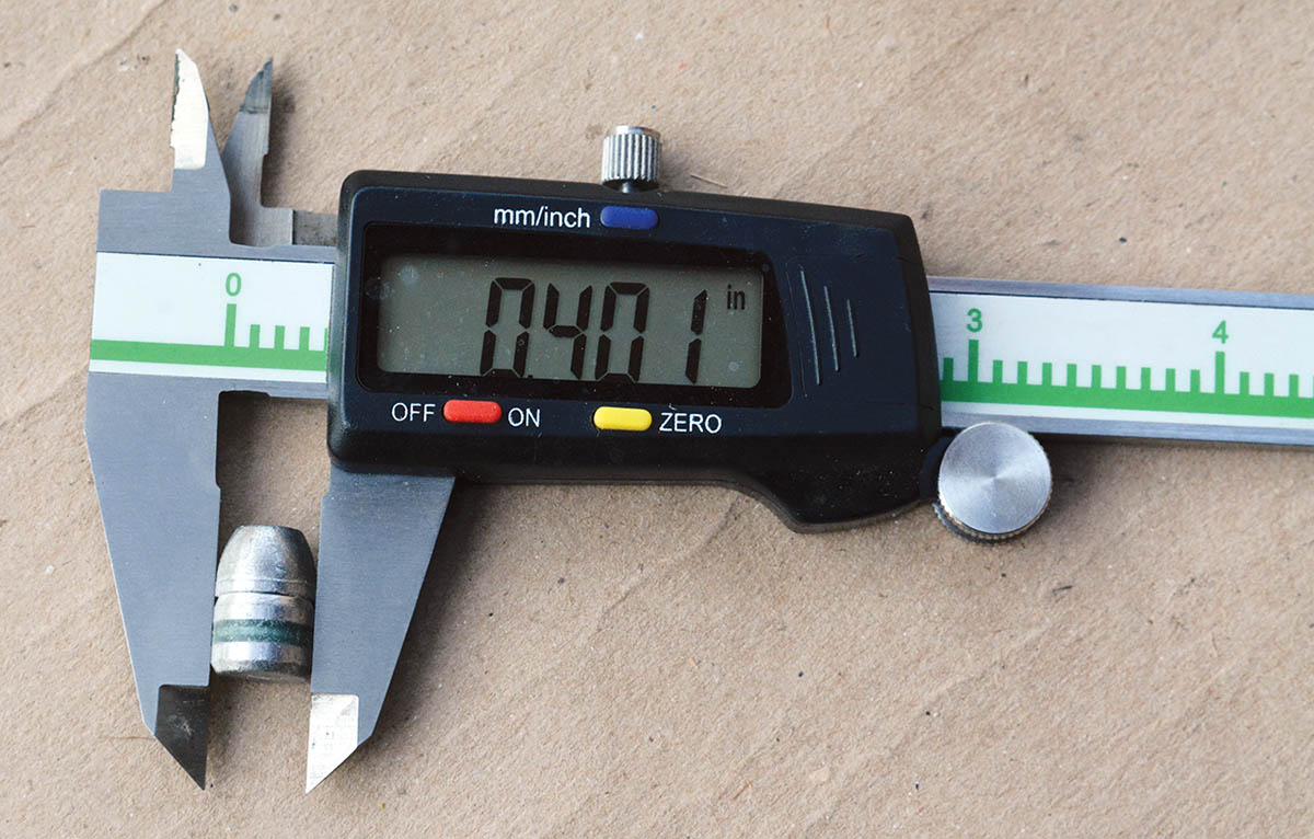 Jacketed bullet diameter is .400 inch, but cast bullets should be sized to .401 inch.